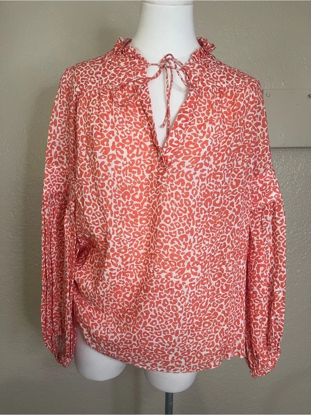 Lemlem Peach Tie-Neck Ruffle Leopard Blouse